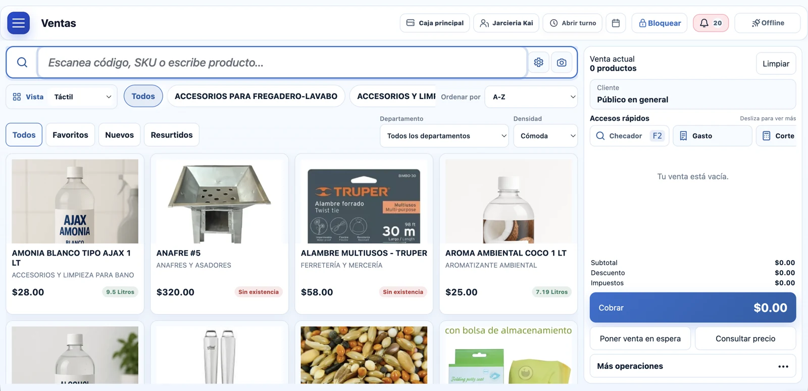 Punto de venta de KaiPos con productos, inventario y cobro